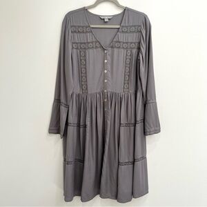 April Cornell Brianne Cottagecore Gray Swiss Dot Dress  Long Sleeve Lace Small